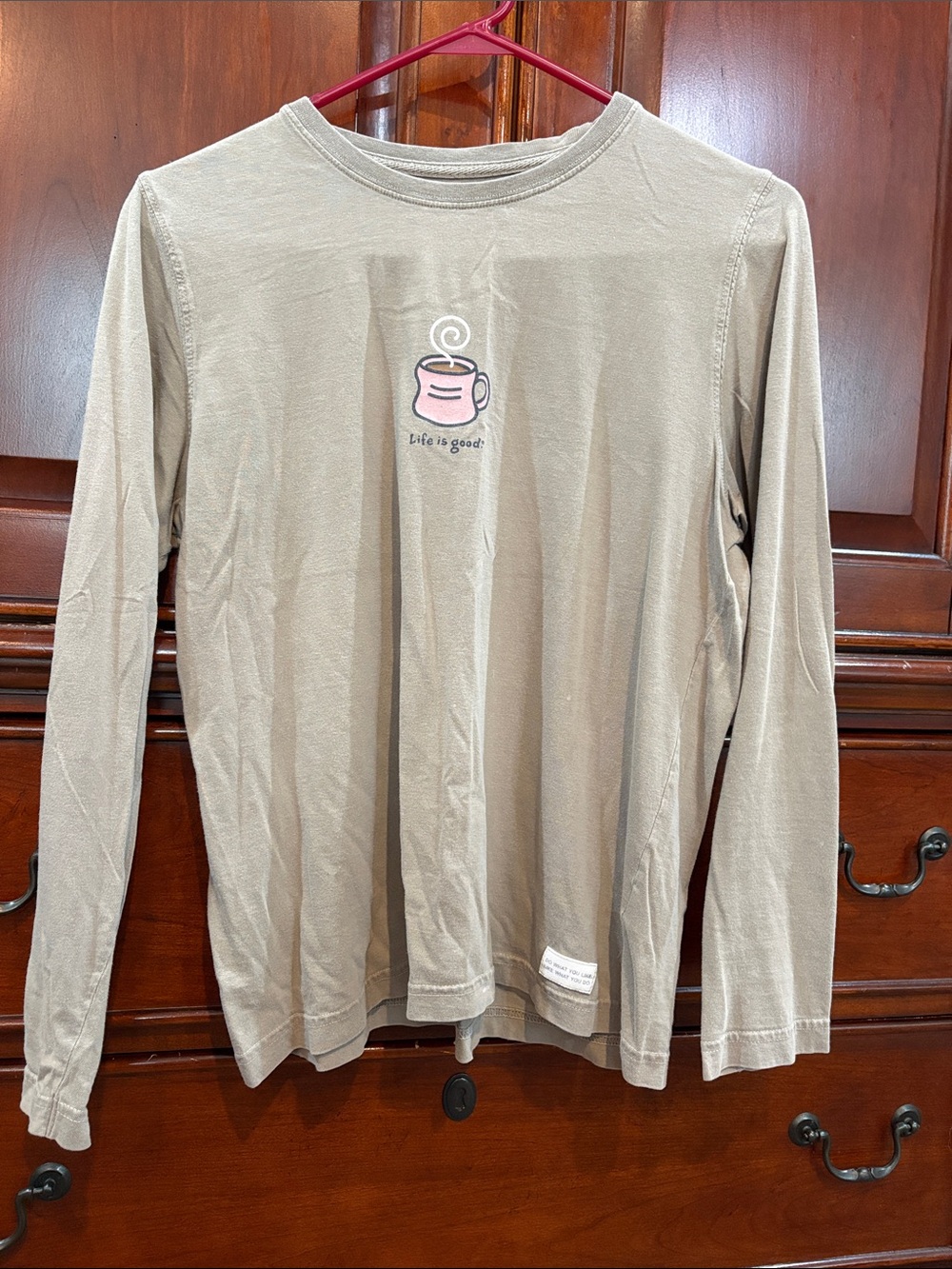 Life Is Good Long-Sleeve Tee in Taupe with Pink Coffee Cup Graphic